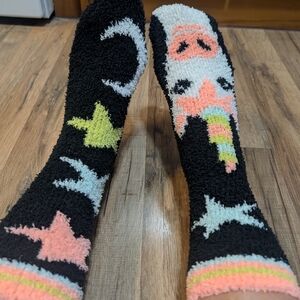 Cozy Black Fuzzy Unicorn & Stars Socks - Pastel Accents